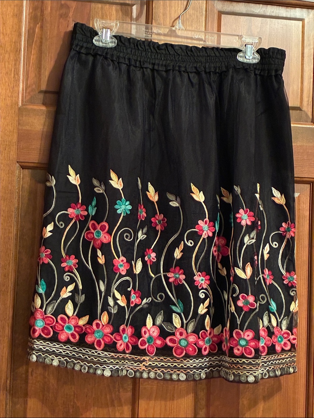 august silk Black A-Line Skirt with Pink & Teal Floral Embroidery